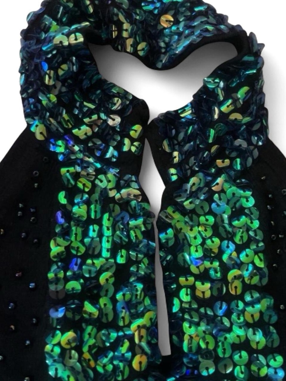Sequin-Embellished Black Blouse with Iridescent Green Sequins